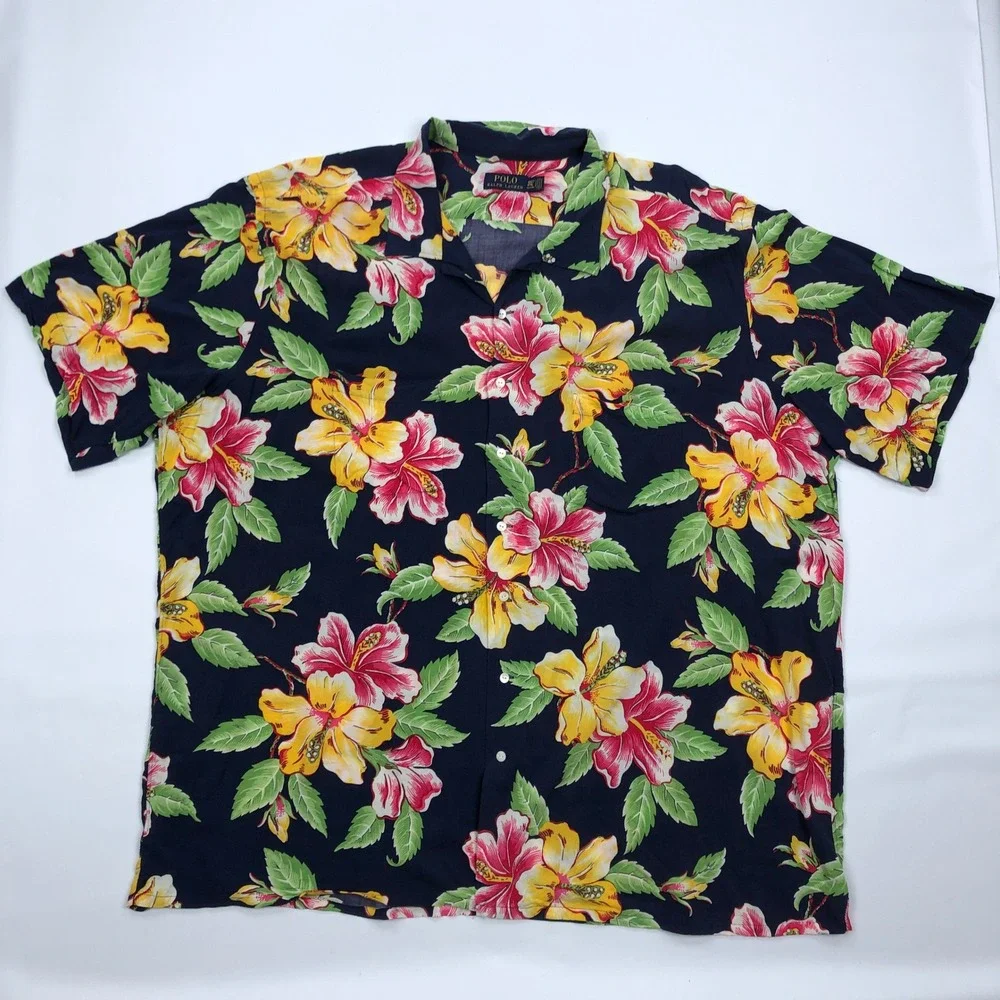 Polo Ralph Lauren Mens 4XLT Navy Blue Hibiscus Floral Viscose Rayon Camp Shirt